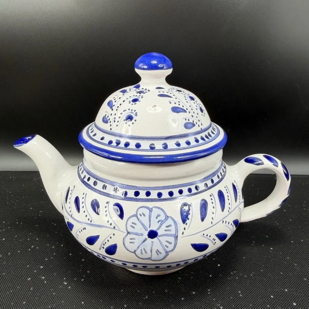 Le Souk Ceramique Teapot Sabrine Blue White Hand Painted Pottery Made in Tunisia
